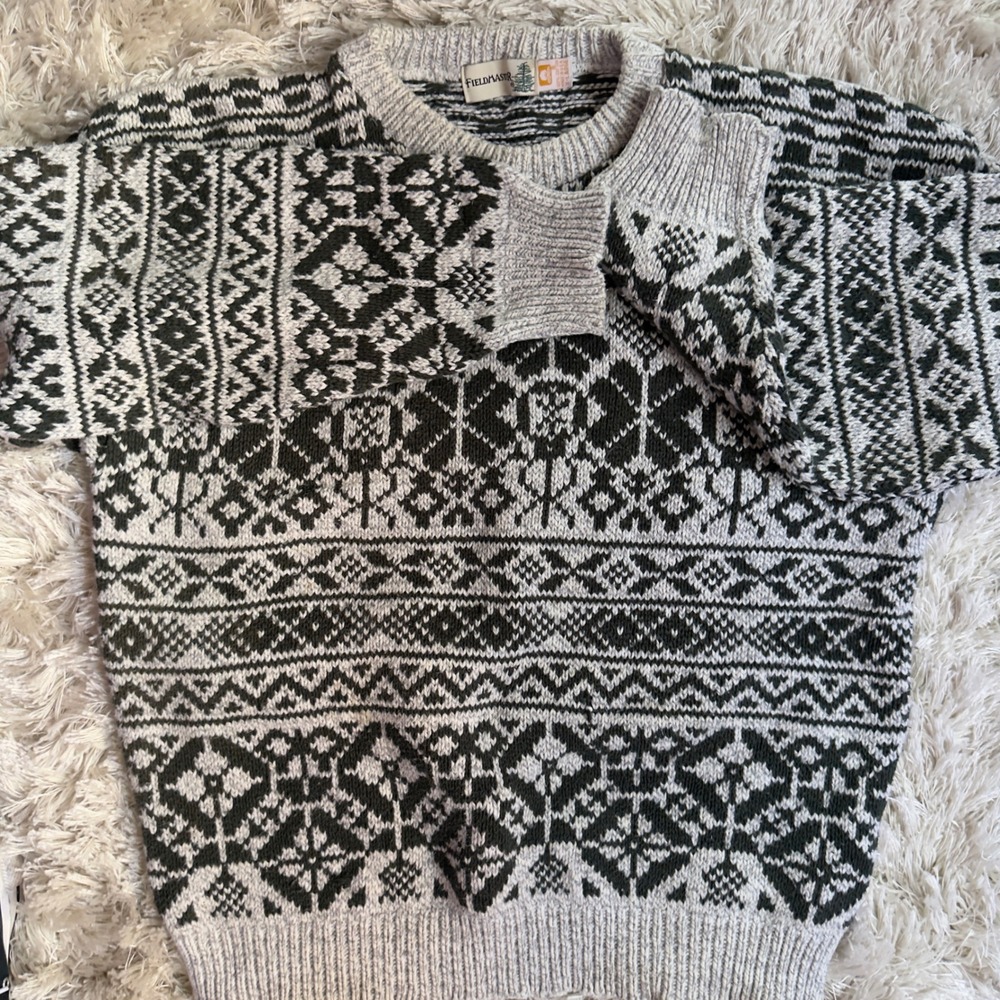Fair Isle Vintage Fieldmaster Nordic Knit Cotton Sweater Grey Dark Green 80s XL